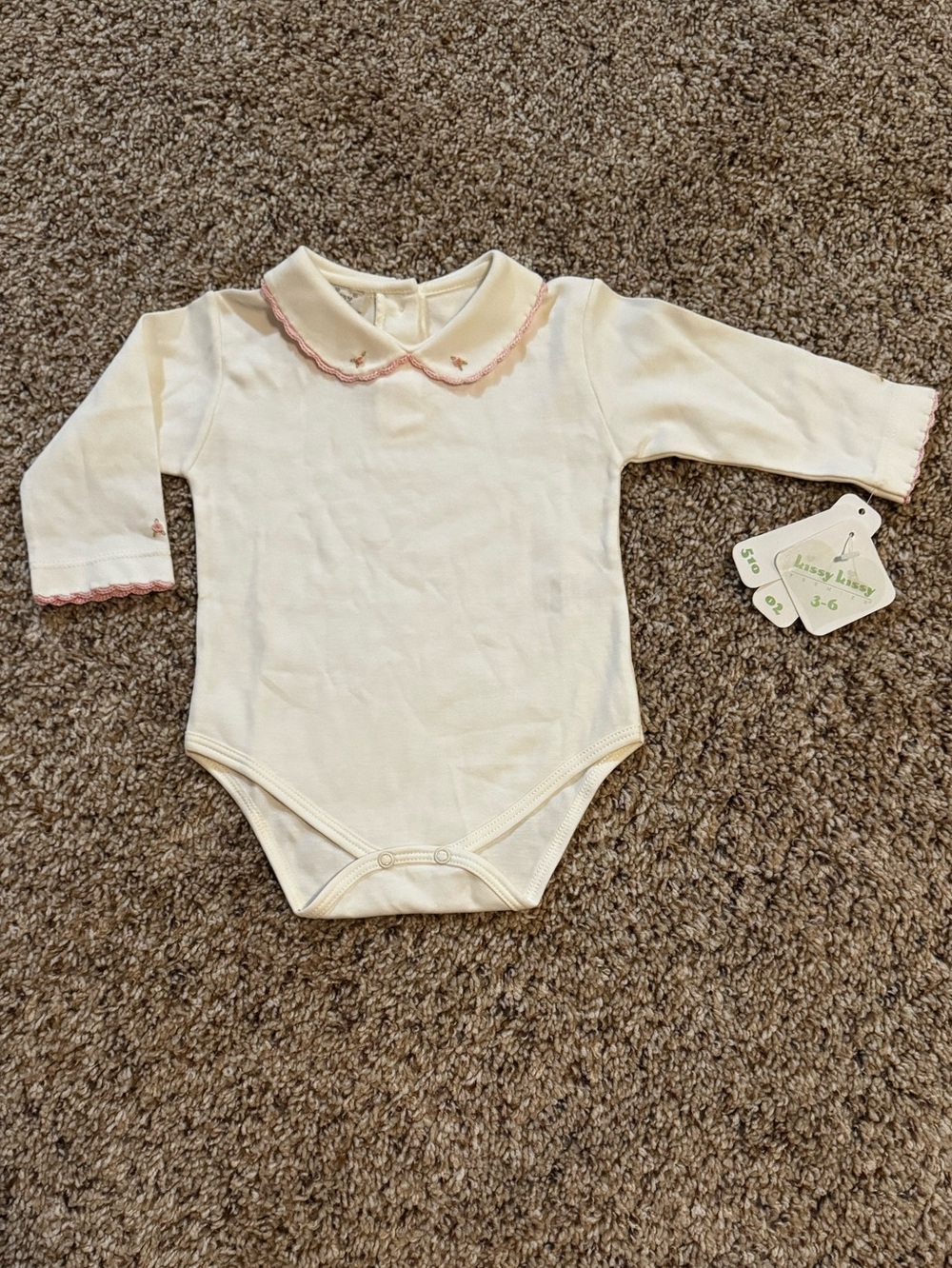 Kissy Kissy White Long-Sleeve Bodysuit with Pink Trim and Rosettes 3/6 month